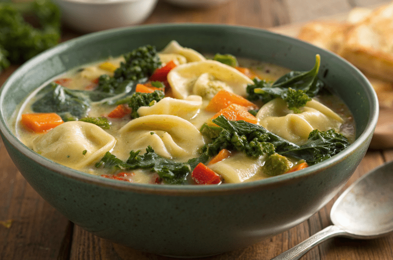 Creamy Vegetarian Tortellini Soup with Kale